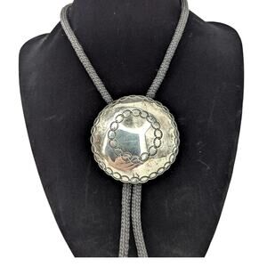 Tested Silver Bolo Tie Round Tooled Medallion Hand Etched